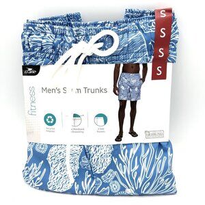 NEW BLUE & WHITE OCEAN LIFE MEN'S RECYCLED POLYESTER SWIM TRUNKS W/ POCKETS - SM